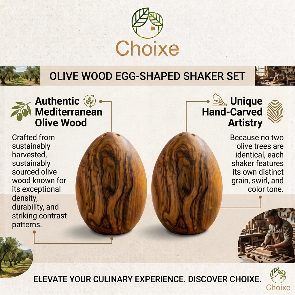 2-Pack Mediterranean Olive Wood Salt & Pepper Egg-Shaped Shakers