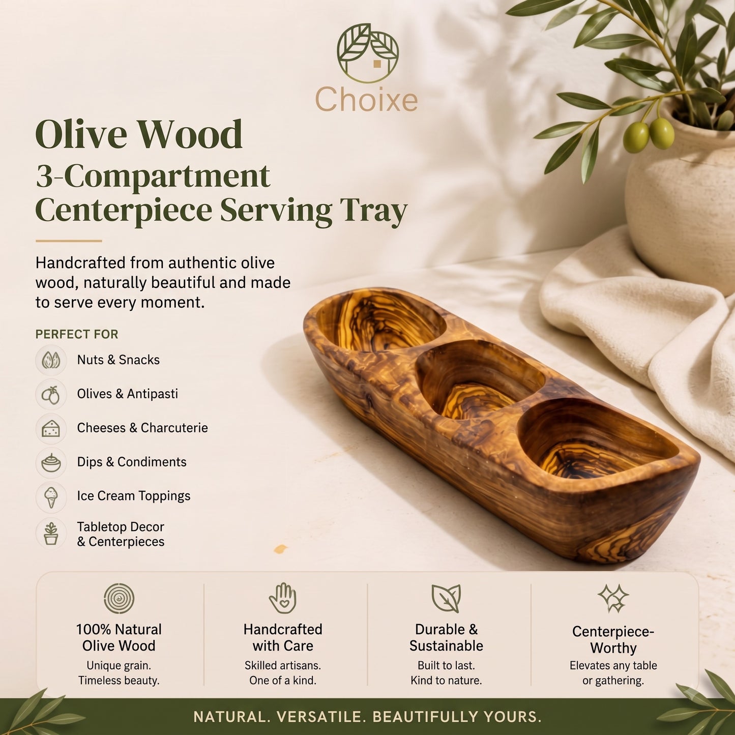Olive Wood 3-Compartment Centerpiece Serving Tray