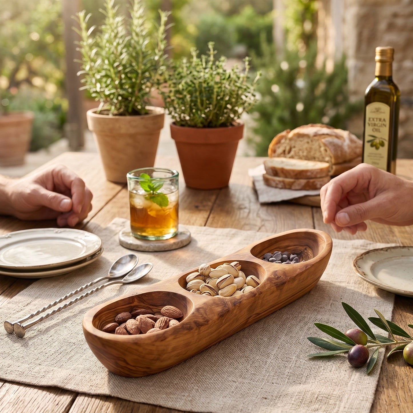 Olive Wood 3-Compartment Centerpiece Serving Tray
