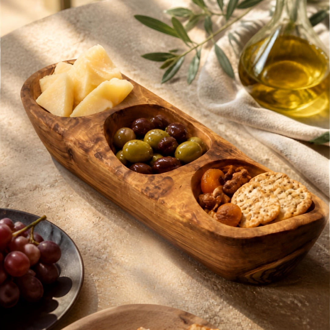 Olive Wood 3-Compartment Centerpiece Serving Tray