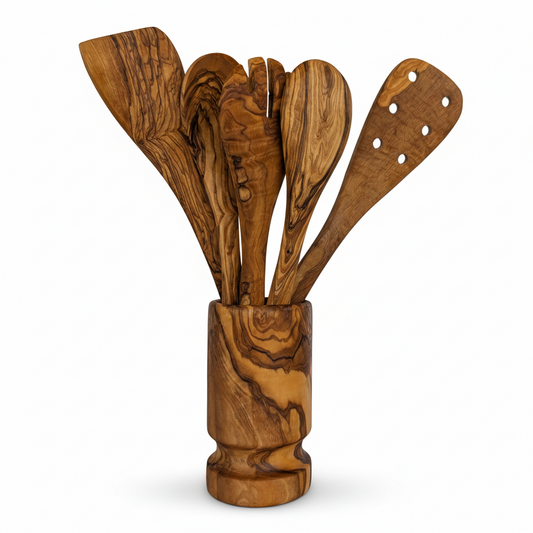 Olive Wood Kitchen Servers Set w/Holder -6 Pcs
