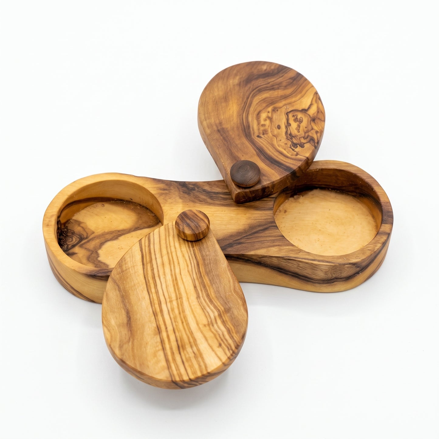 Hand-Carved Mediterranean Olive Wood Spice Box Dual-Cell with Swivel Lids