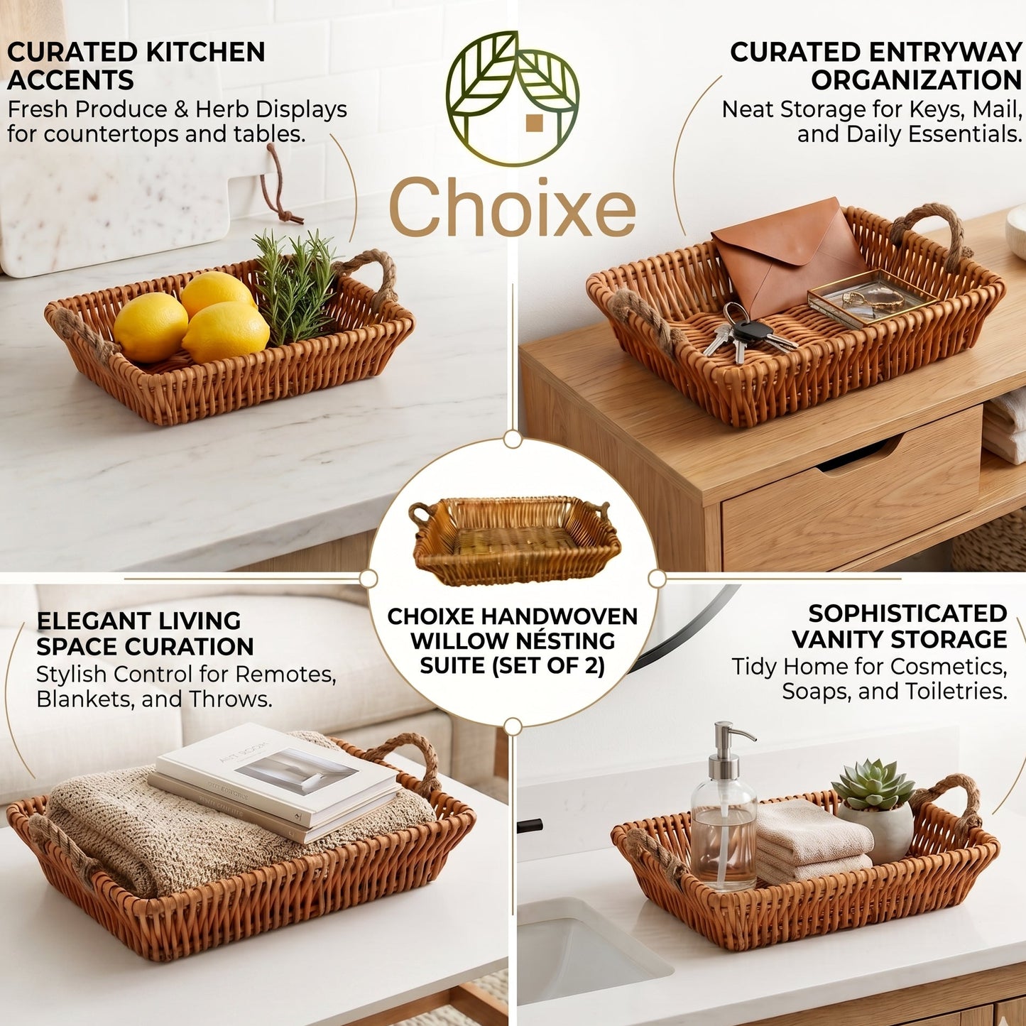 Willow Baskets for Countertop, Bread and Fruit – Set of 2