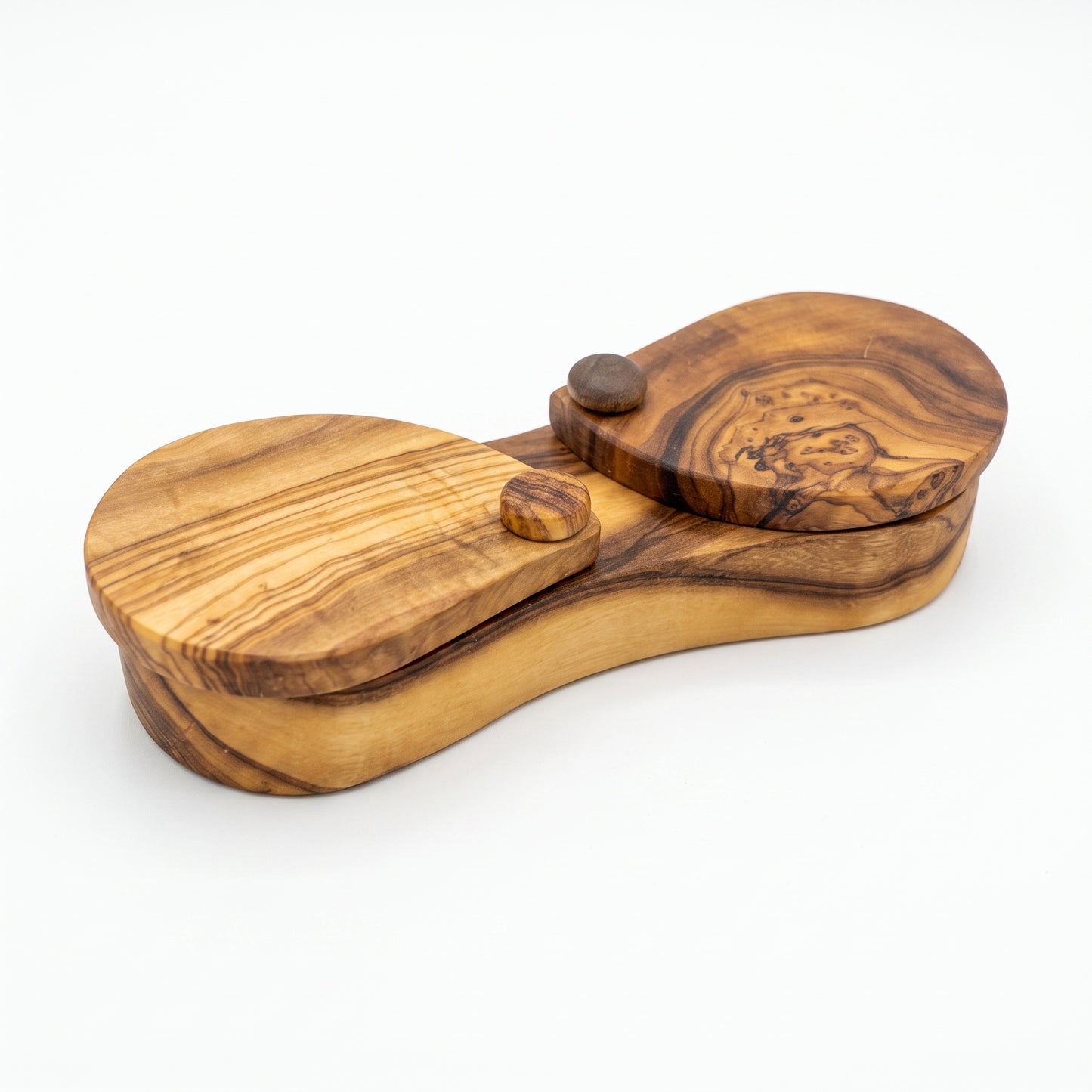 Hand-Carved Mediterranean Olive Wood Spice Box Dual-Cell with Swivel Lids