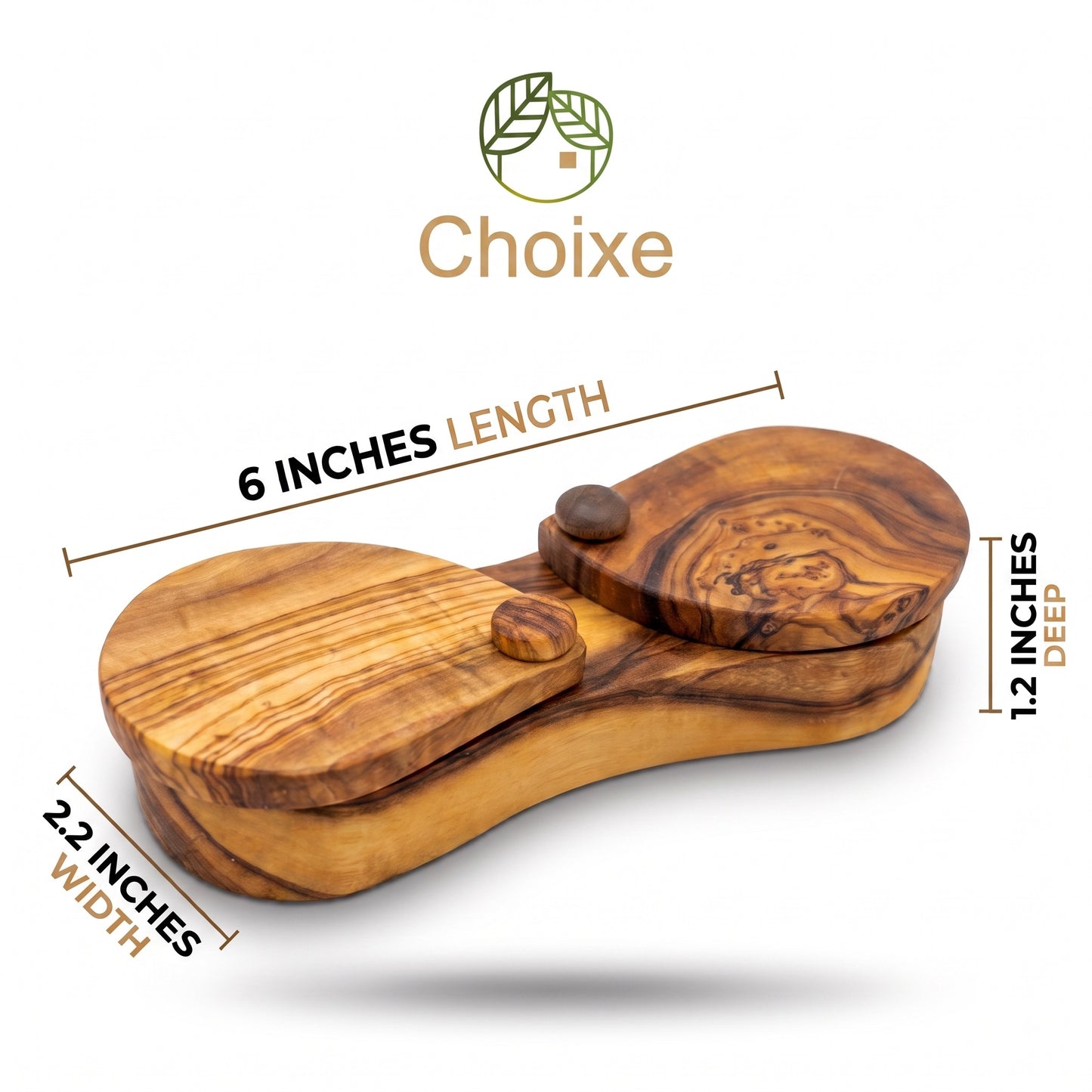 Hand-Carved Mediterranean Olive Wood Spice Box Dual-Cell with Swivel Lids
