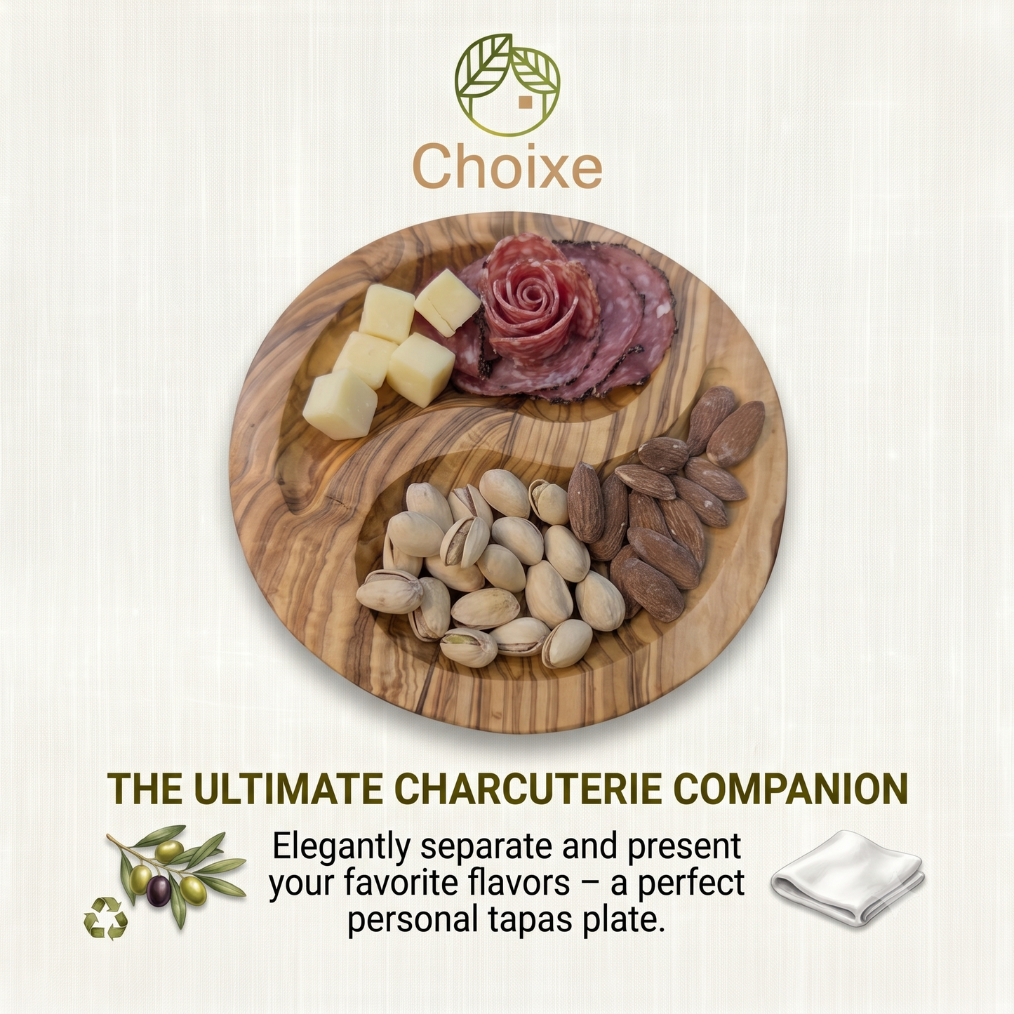 Mediterranean Olive Wood Yin-Yang Charcuterie & Tapas Plate (7 in)