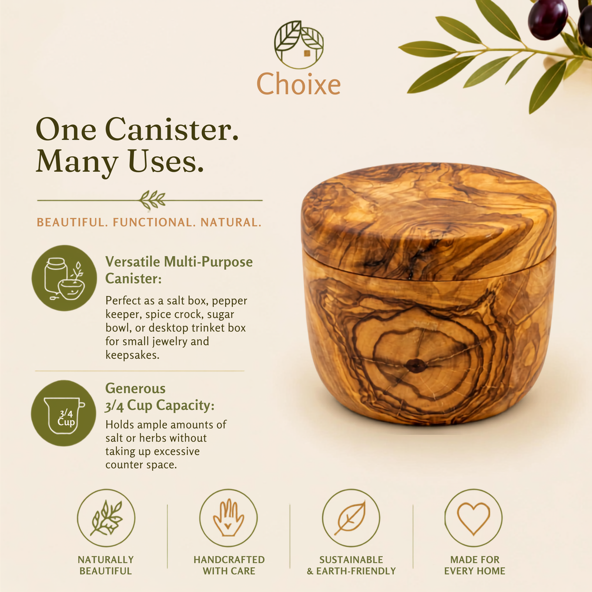 Mediterranean Olive Wood Salt Cellar Canister with Swivel Lid