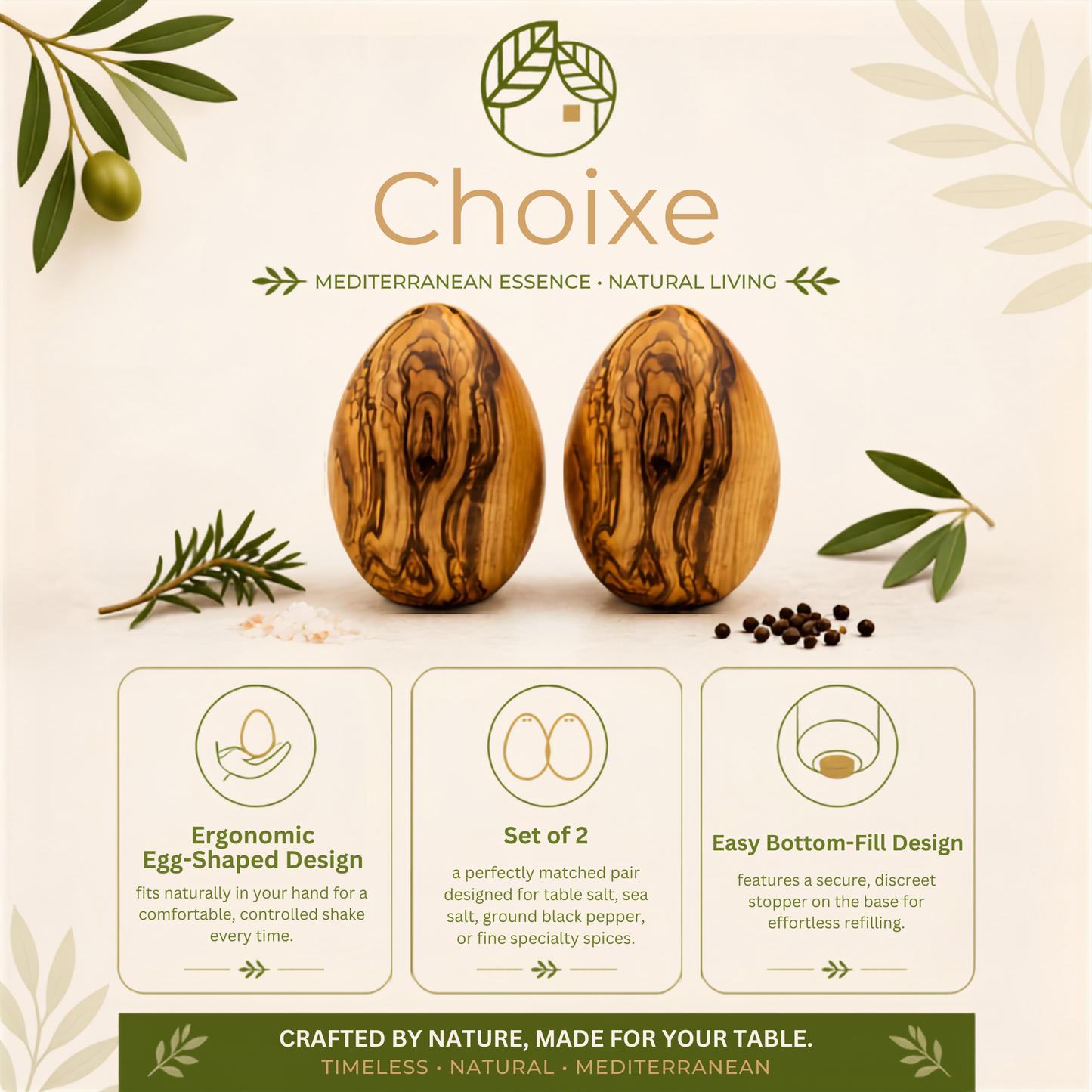 2-Pack Mediterranean Olive Wood Salt & Pepper Egg-Shaped Shakers