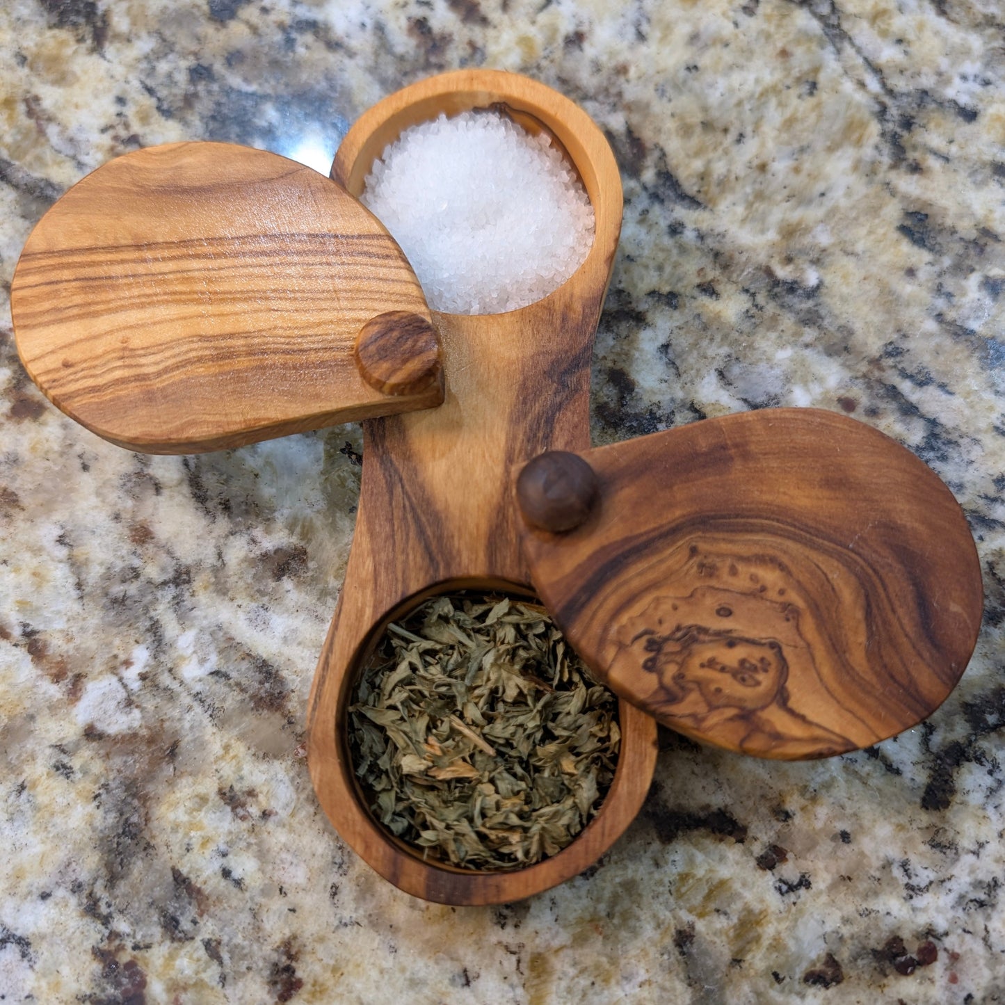 Hand-Carved Mediterranean Olive Wood Spice Box Dual-Cell with Swivel Lids