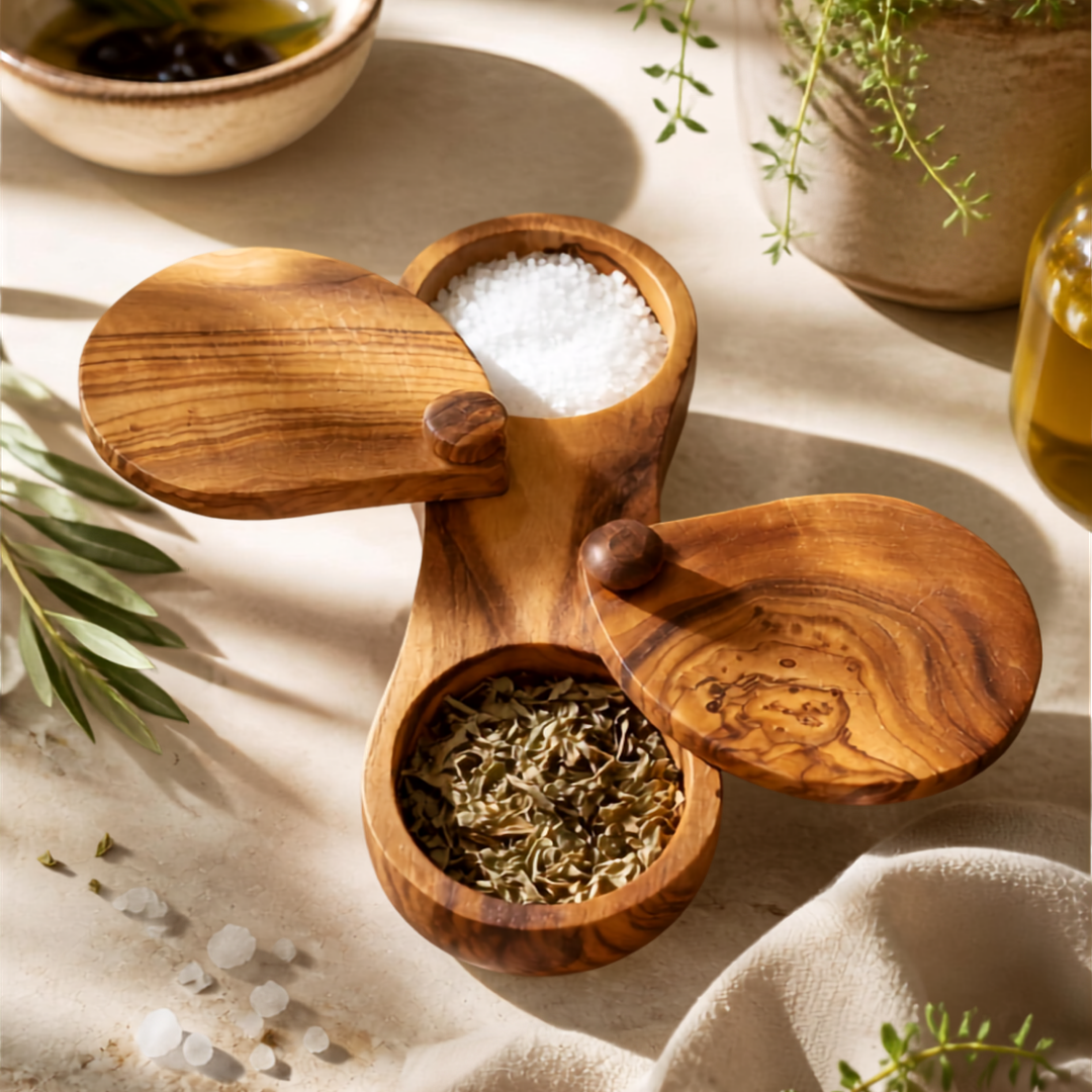Hand-Carved Mediterranean Olive Wood Spice Box Dual-Cell with Swivel Lids