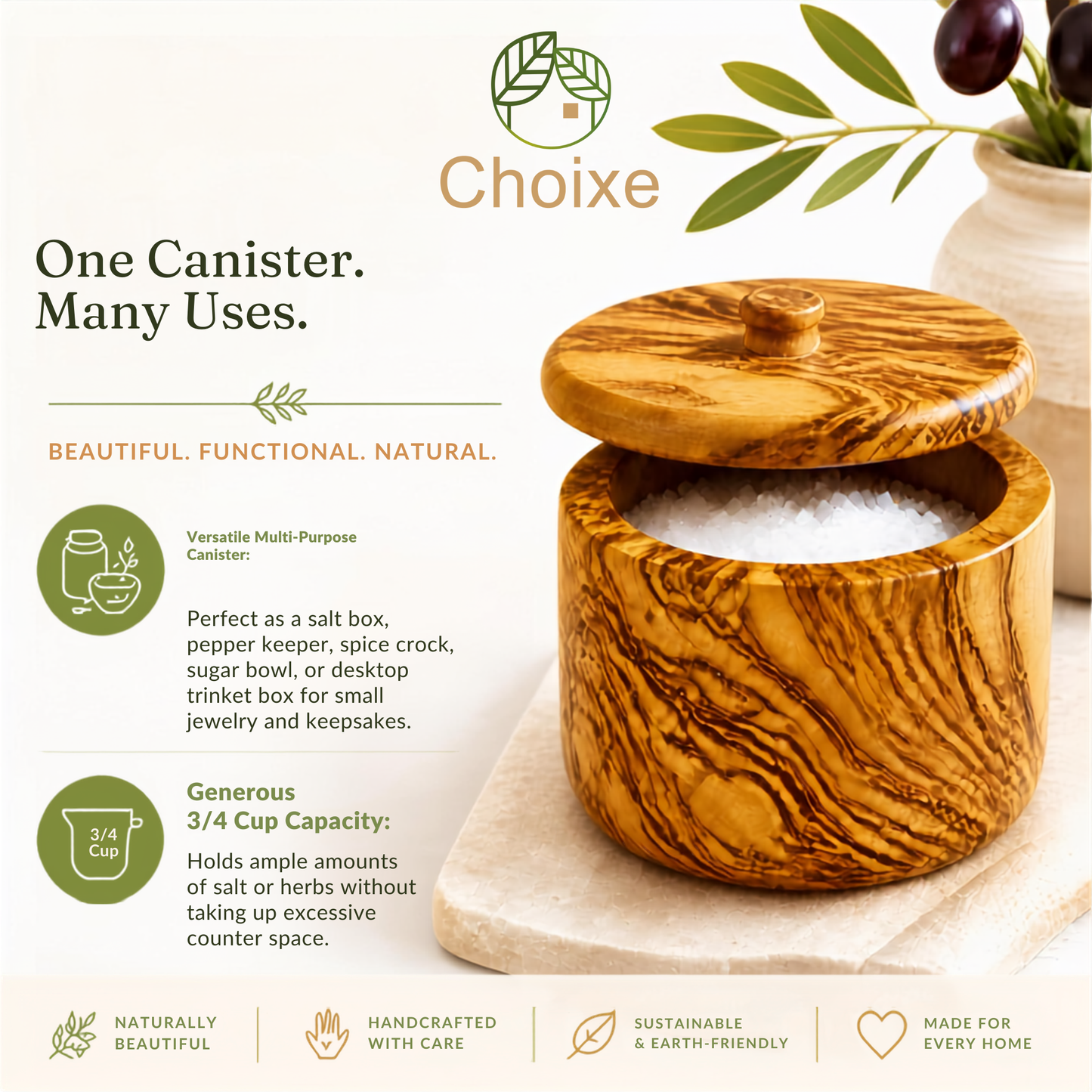 Mediterranean Olive Wood Salt Cellar Canister with Swivel Lid