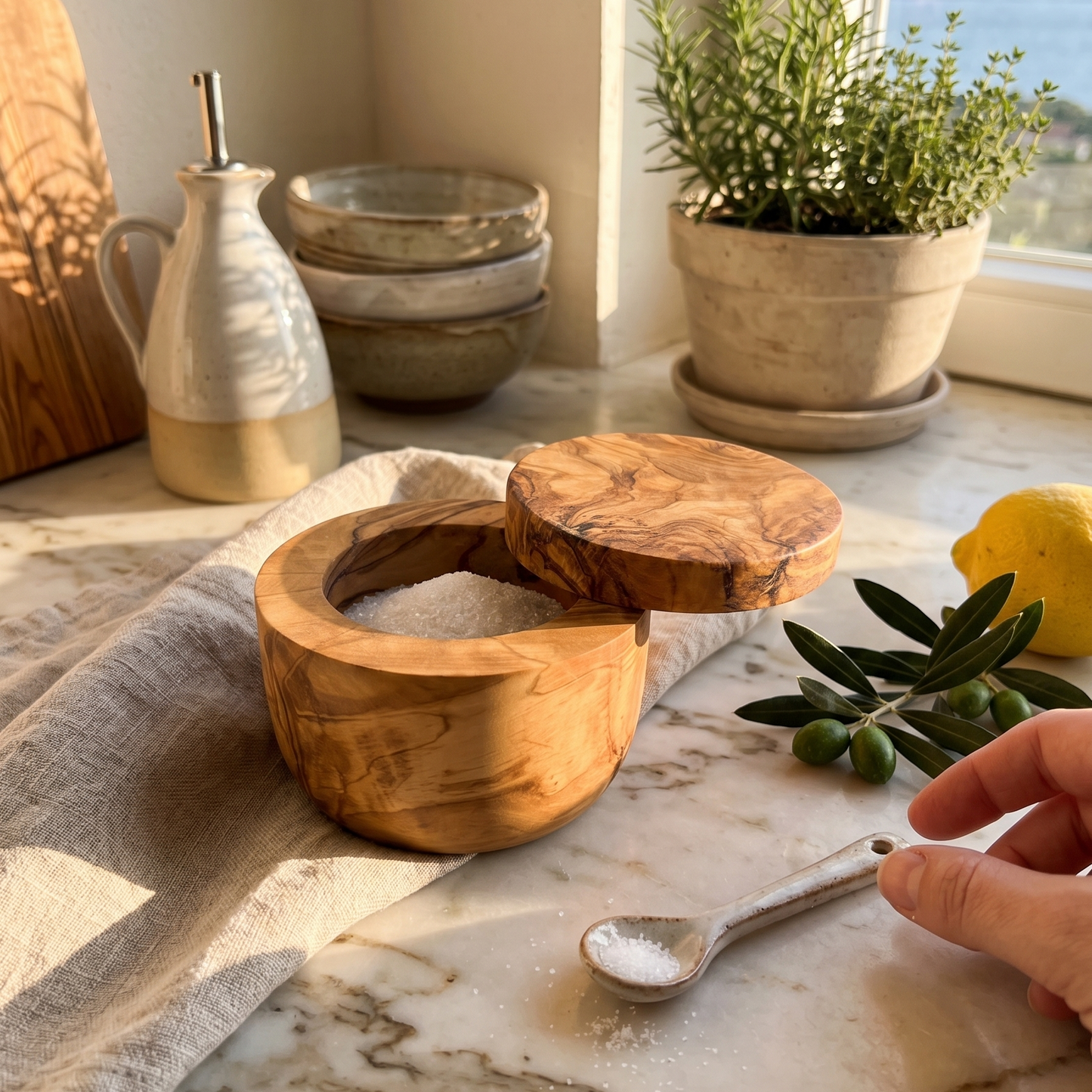 Mediterranean Olive Wood Salt Cellar Canister with Swivel Lid