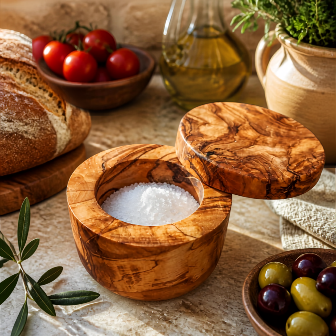 Mediterranean Olive Wood Salt Cellar Canister with Swivel Lid
