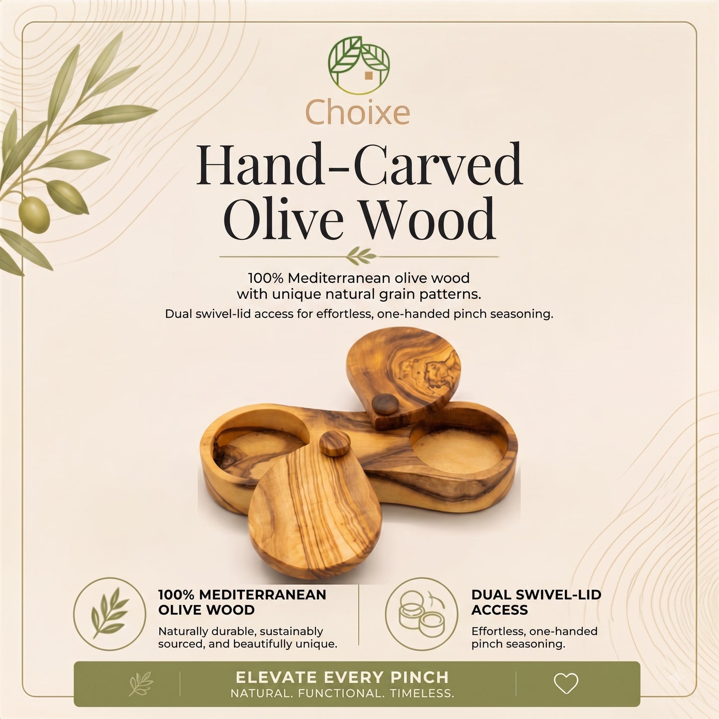 Hand-Carved Mediterranean Olive Wood Spice Box Dual-Cell with Swivel Lids