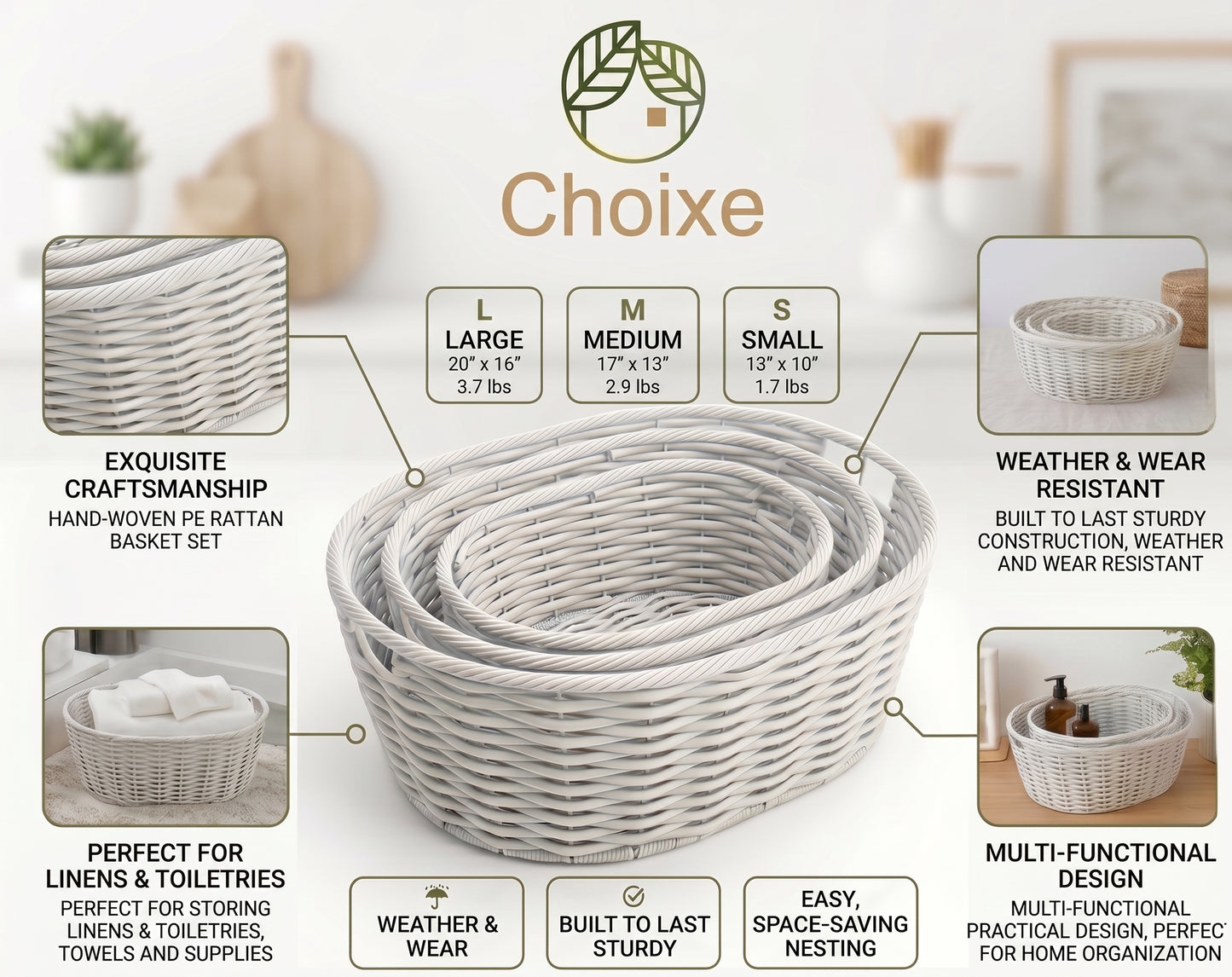 Multi-Purpose Nesting Rattan Basket 3-Piece Set
