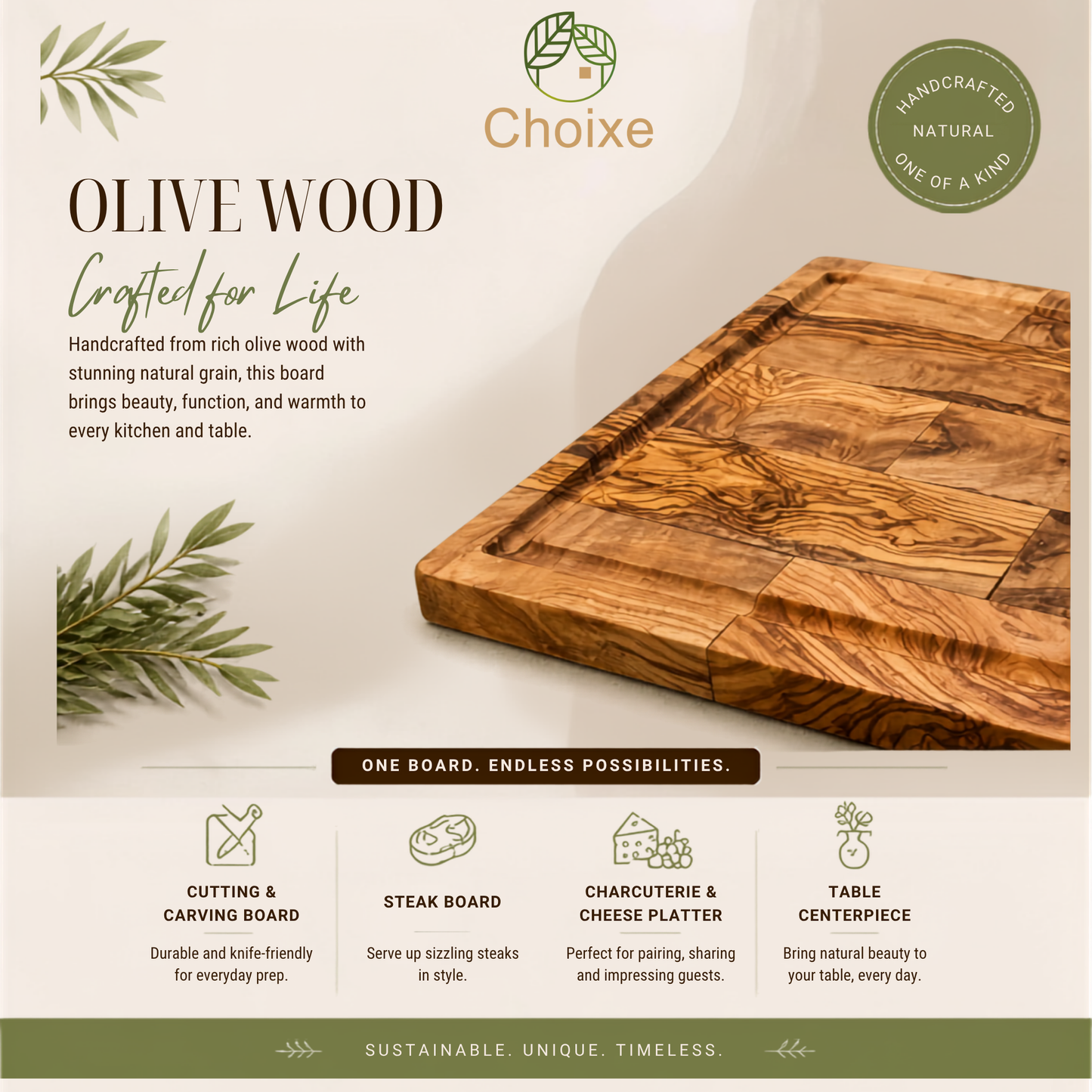 Multi-Purpose Large Olive Wood Serving and Cutting Board