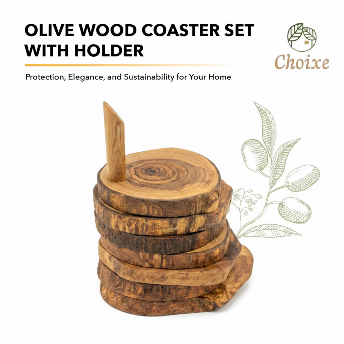 Olive Wood Coaster Set with Holder Infographic